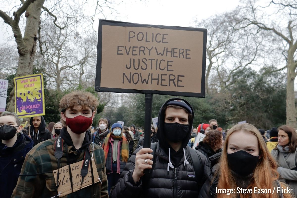 Police everywhere justice nowhere placard Steve Eason 3x2