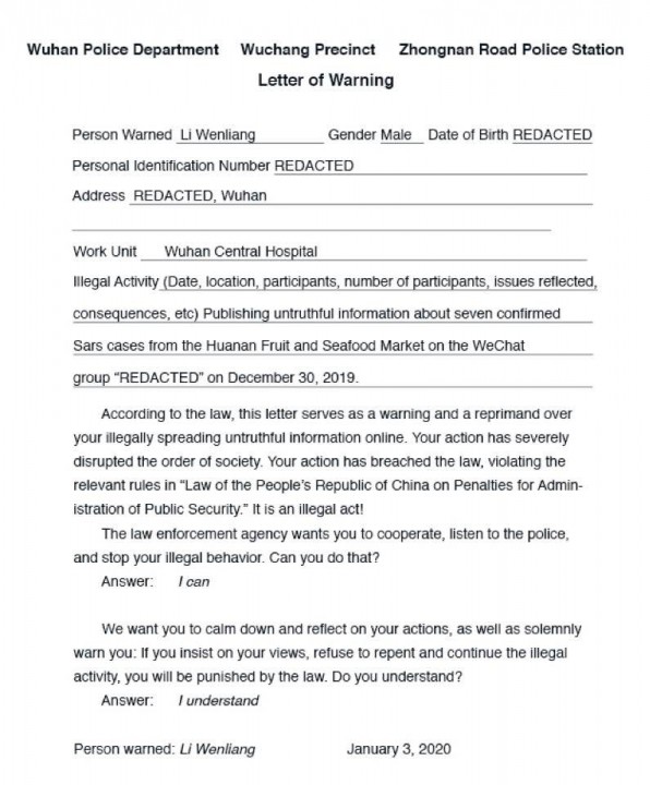 Li Wenliang letter