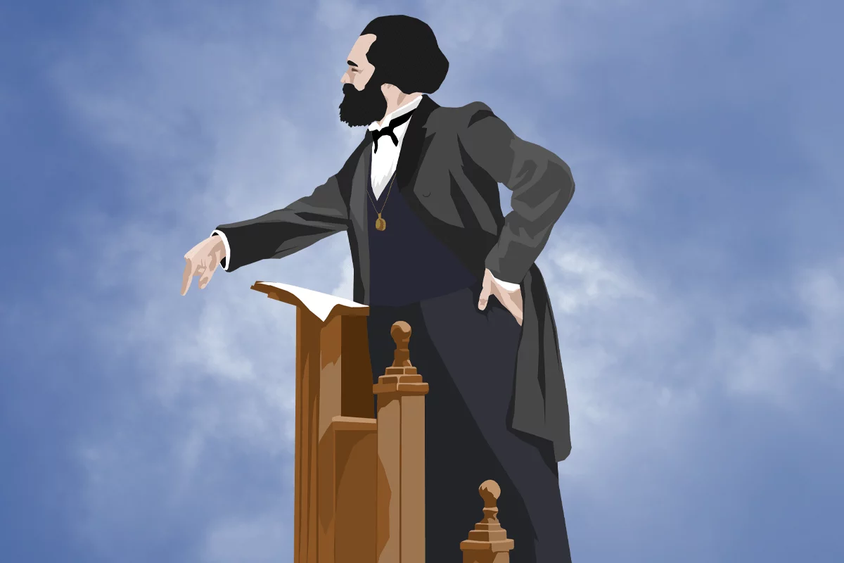 Cartoon Marx speaking from lectern