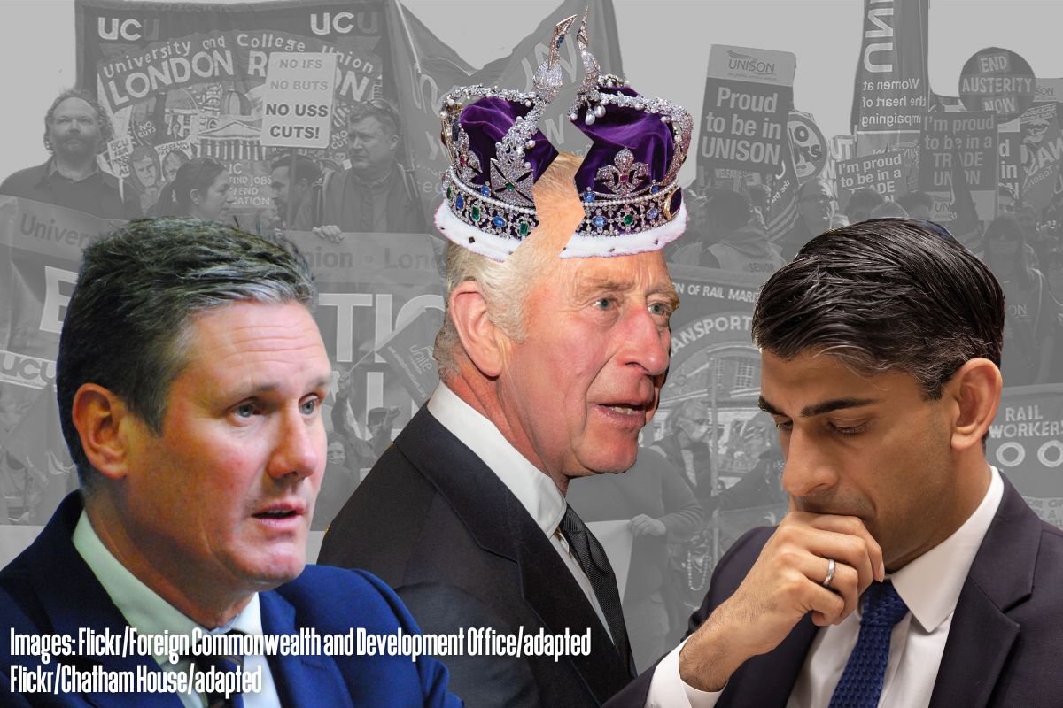 Charles Sunak Starmer Crown Cracked Protests attributed