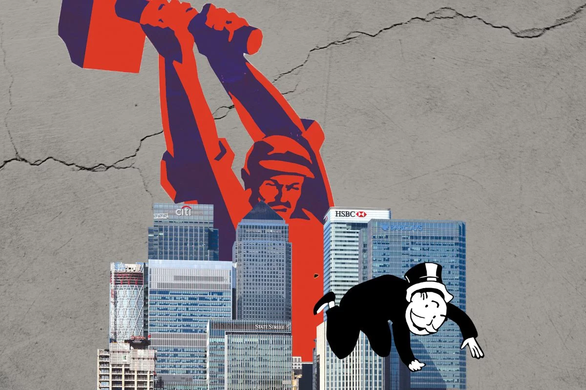 Smash the bankers worker hammer monopoly man