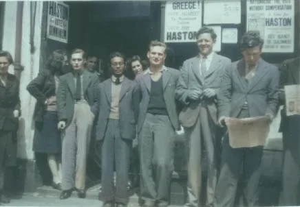 Anne Warde, Bill Davy, Sastry, John Lawrence, Heaton Lee, Ted Grant (left to right) outside the Neath HQ, 1945 / Image: Ted Grant Internet Archive (colourised)