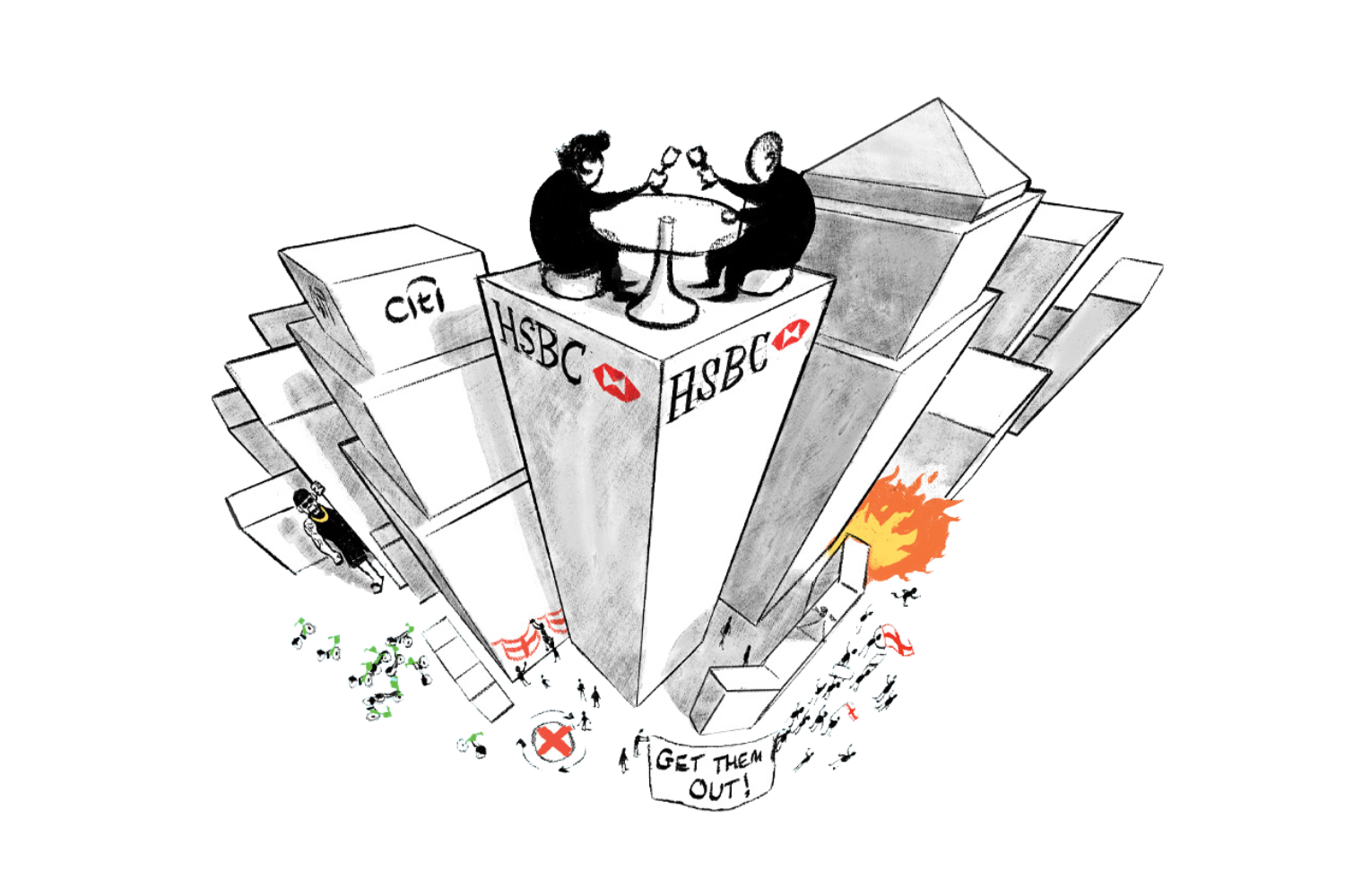 Cartoon of British Chaos in Canary Wharf, chaos below while bankers sit above