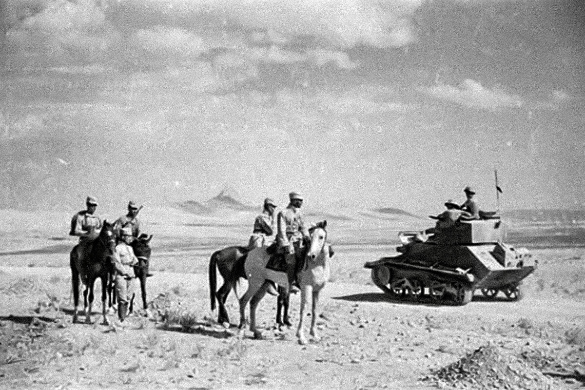 Soviet and British troops rendezvous in the desert near Quazvin