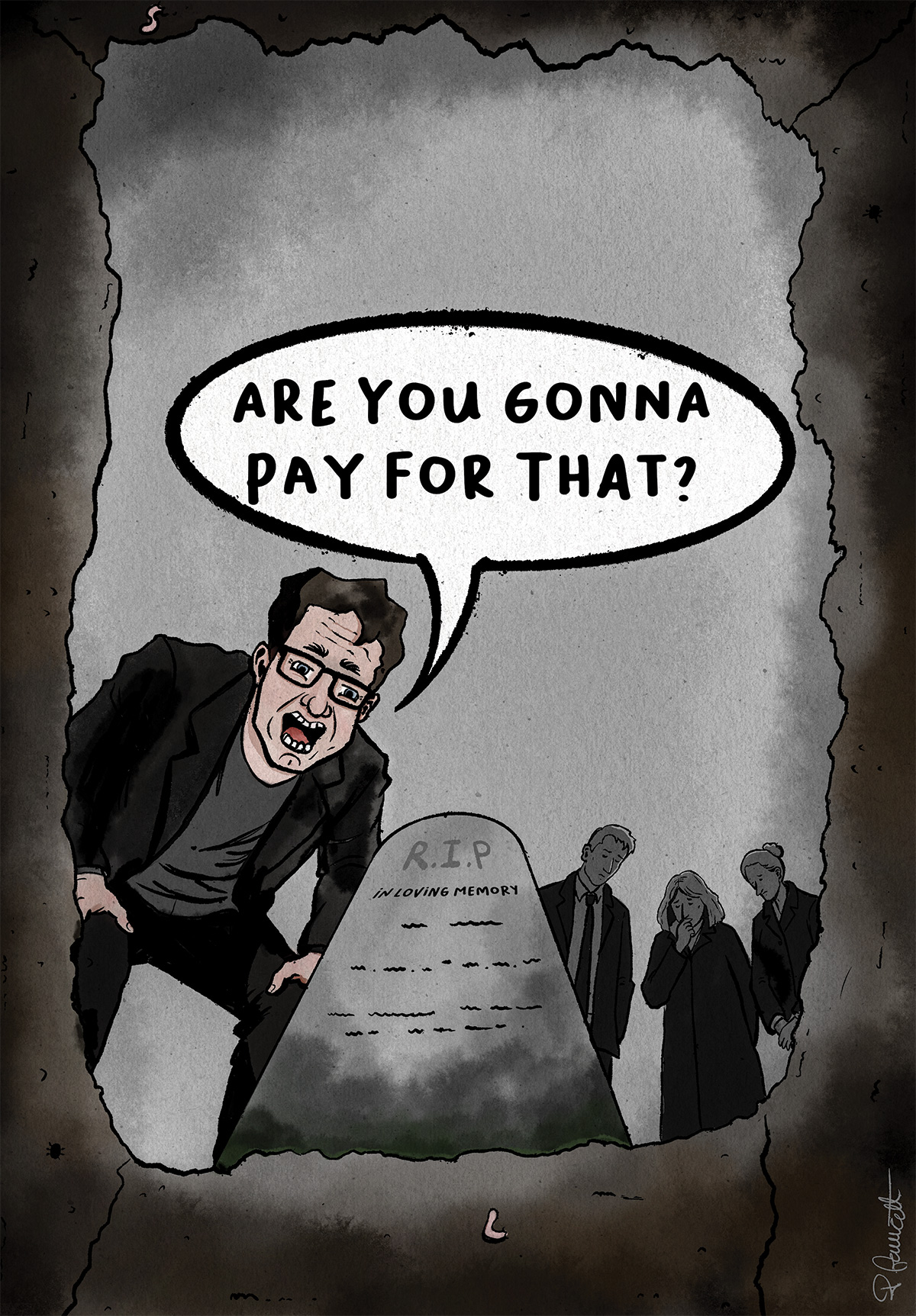 Cartoon Burnham shouting into grave death tax paige fawcett